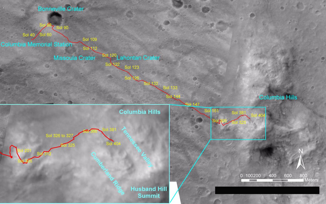 NASA's Mars Exploration Rover Spirit drove a total of 4,143 meters (2.57 miles) between its landing in January 2004 and its 404th martian day, or sol (Feb. 20, 2005). This map on an image taken by the Mars Orbiter Camera on NASA's Mars Global Surveyor shows the course the rover drove during that time. The rover has recently been approaching a ridge overlooking "Tennessee Valley" on the north flank of "Husband Hill."   http://photojournal.jpl.nasa.gov/catalog/PIA07393