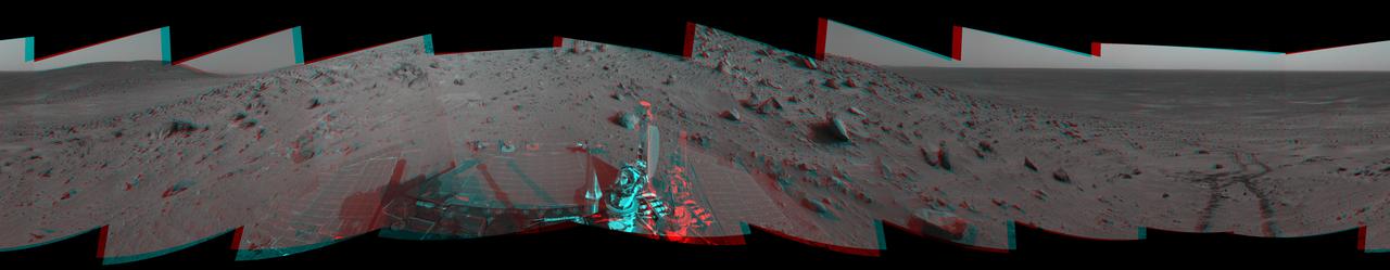 On Feb. 4, 2005, NASA Mars Exploration Rover Spirit had driven about 13 meters 43 feet uphill toward Cumberland Ridge. 3D glasses are necessary to view this image.