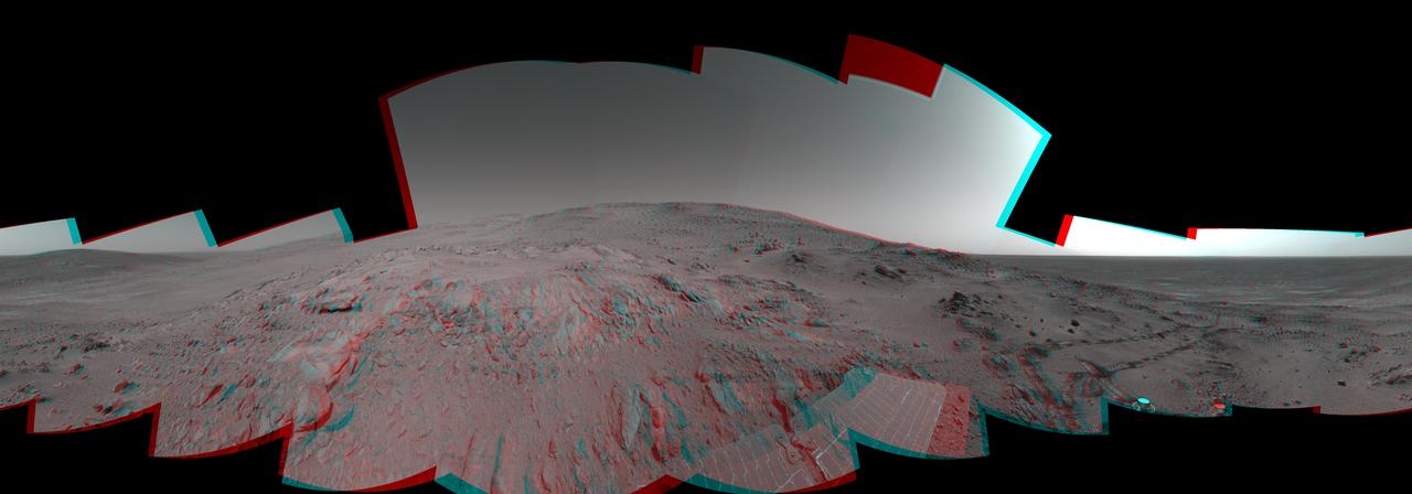 On Feb. 26, 2005, NASA Mars Exploration Rover Spirit had drive 2 meters 7 feet on this sol to get in position on Cumberland Ridge for looking into Tennessee Valley to the east. 3D glasses are necessary to view this image.