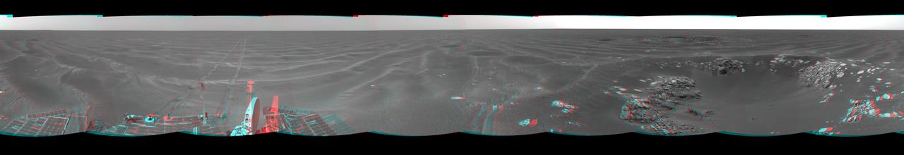 On Feb. 24, 2005, NASA Mars Exploration Rover Opportunity had driven about 73 meters 240 feet and reached the eastern edge of a small crater dubbed Naturaliste, 3D glasses are necessary to view this image.
