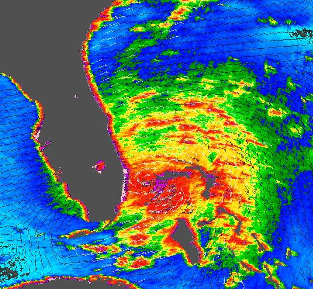 Tropical Storm Katrina is shown here as observed by NASA QuikScatsatellite on August 25, 2005, at 08:37 UTC 4:37 a.m. in Florida. At this time, the storm had 80 kilometers per hour 50 miles per hour; 43 knots sustained winds.