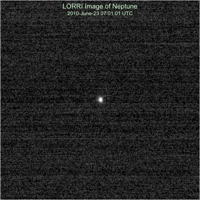 NASA New Horizons Long Range Reconnaissance Imager LORRI observed Neptune on June 23, apl2010, as part of a test of the critical optical navigation Annual Checkout ACO-4.
