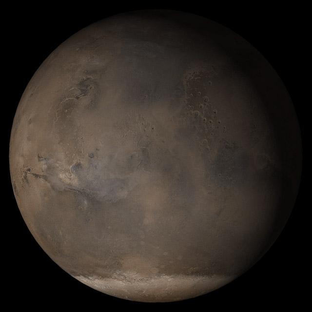 This picture is a composite of Mars Global Surveyor (MGS) Mars Orbiter Camera (MOC) daily global images acquired at Ls 176° during a previous Mars year. This month, Mars looks similar, as Ls 176° occurs in mid-March 2005. The picture shows the Acidalia/Mare Erythraeum face of Mars. Over the course of the month, additional faces of Mars as it appears at this time of year are being posted for MOC Picture of the Day. Ls, solar longitude, is a measure of the time of year on Mars. Mars travels 360° around the Sun in 1 Mars year. The year begins at Ls 0°, the start of northern spring and southern autumn. Season: Northern Summer/Southern Winter. http://photojournal.jpl.nasa.gov/catalog/PIA07443
