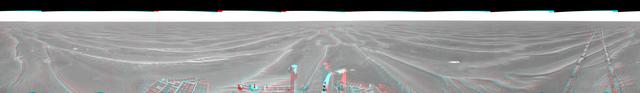On Feb. 19, 2005, NASA Mars Exploration Rover Opportunity had completed a drive of 124 meters 407 feet across the rippled flatland of the Meridiani Planum region. 3D glasses are necessary to view this image.