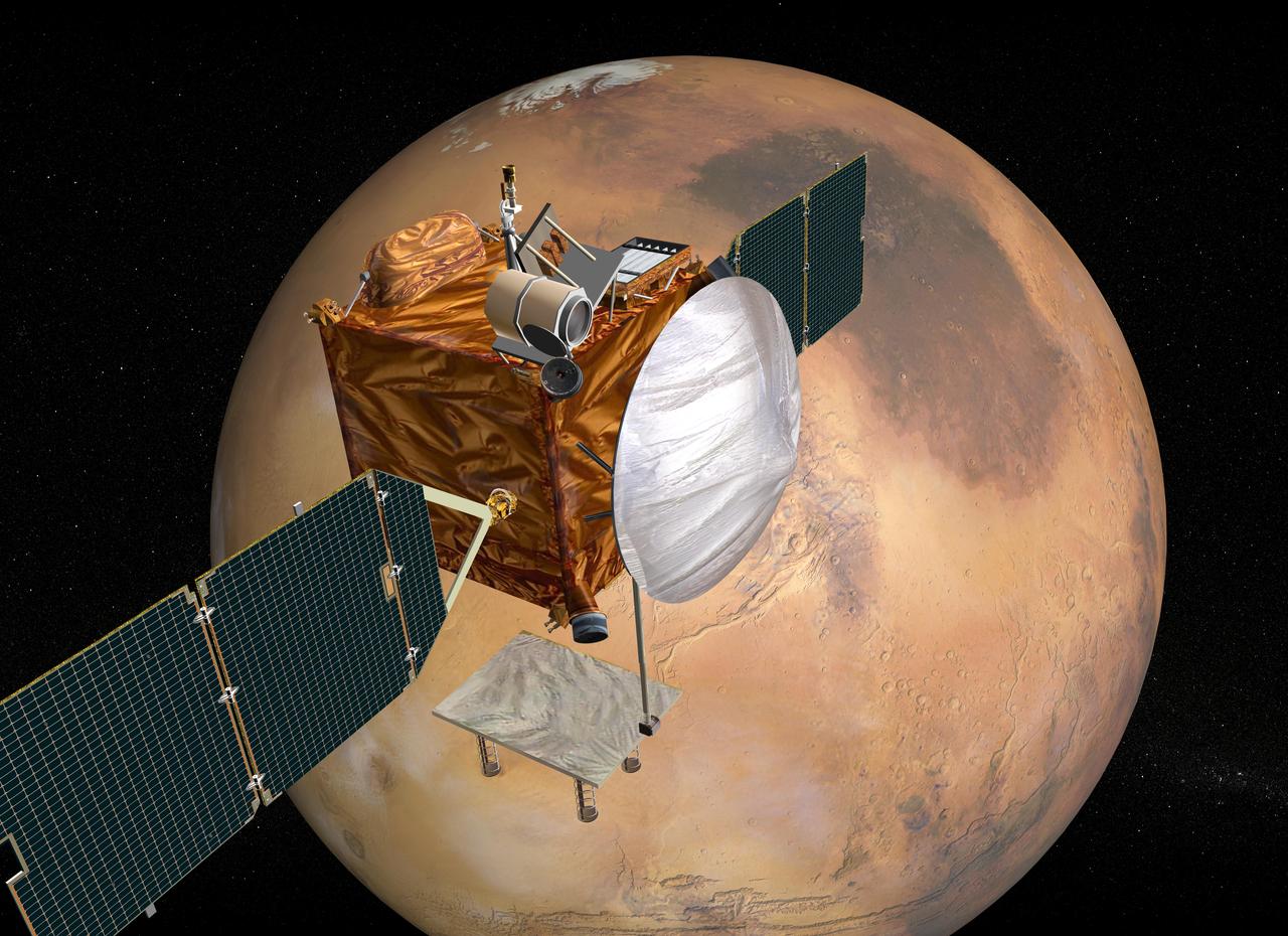 This illustration depicts a concept for NASA Mars Telecommunications Orbiter in flight around Mars.