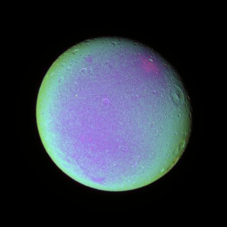The leading hemisphere of Dione displays subtle variations in color across its surface in this false color view.  To create this view, ultraviolet, green and infrared images were combined into a single black and white picture that isolates and maps regional color differences. This "color map" was then superposed over a clear-filter image. The origin of the color differences is not yet understood, but may be caused by subtle differences in the surface composition or the sizes of grains making up the icy soil.  Terrain visible here is on the moon's leading hemisphere. North on Dione (1,126 kilometers, or 700 miles across) is up and rotated 17 degrees to the right.  All images were acquired with the Cassini spacecraft narrow-angle camera on Dec. 24, 2005 at a distance of approximately 597,000 kilometers (371,000 miles) from Dione and at a Sun-Dione-spacecraft, or phase, angle of 21 degrees. Image scale is 4 kilometers (2 miles) per pixel.  http://photojournal.jpl.nasa.gov/catalog/PIA07688