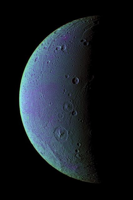 NASA image: Dione Has Her Faults False Color