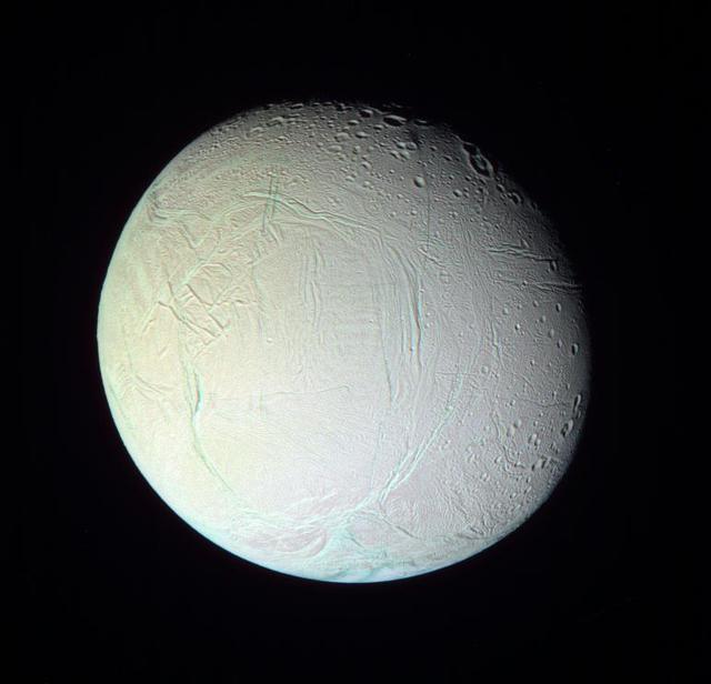 A false color look reveals subtle details on Enceladus that are not  visible in natural color views