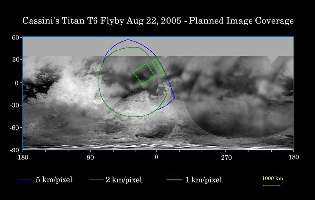 This map of Titan's surface illustrates the regions that will be imaged by Cassini during the spacecraft's close flyby of Titan on Aug. 22, 2005. At closest approach, the spacecraft is expected to pass approximately 3,800 kilometers (2,360 miles) above the moon's surface. At 5,150 kilometers (3,200 miles) across, Titan is one of the solar system's largest moons. The colored lines delineate the regions that will be imaged at differing resolutions. As Cassini continues its reconnaissance of Titan, maps of this haze-enshrouded world continue to improve. Images from this flyby will sharpen the moderate resolution coverage of terrain on the side of Titan that always faces Saturn. The highest resolution image planned for this encounter will cover a 215-kilometer-wide (134-mile) bright feature provisionally named "Bazaruto Facula." (A facula is the name chosen to denote a bright spot on Titan.) At the center of the facula is an 80-kilometer-wide (50-mile) crater (not yet named), seen by Cassini's radar experiment during a Titan flyby in February 2005 (see PIA07368). The imaging cameras and visual and infrared mapping spectrometer images taken in March and April 2005 also show this crater (see PIA06234). The southernmost corner of the highest resolution (1 kilometer per pixel) frame should also cover the northern portion of a large bright feature provisionally known as "Quivira." Wide-angle images obtained during this flyby should cover much of the Tsegihi-Aztlan-Quivira region (also known as the "H" region) at lower resolution. The map shows only brightness variations on Titan's surface (the illumination is such that there are no shadows and no shading from topographic variations). Previous observations indicate that, due to Titan's thick, hazy atmosphere, the sizes of surface features that can be resolved are up to five times larger than the actual pixel scale labeled on the map. The images for this global map were obtained using a narrow-band filter centered at 938 nanometers -- a near-infrared wavelength (invisible to the human eye) at which light can penetrate Titan's atmosphere. The images have been processed to enhance surface details. http://photojournal.jpl.nasa.gov/catalog/PIA07711