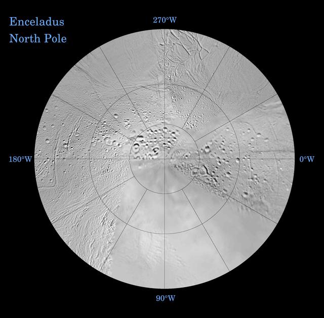 NASA image: Enceladus: North and South Northern Polar Projection