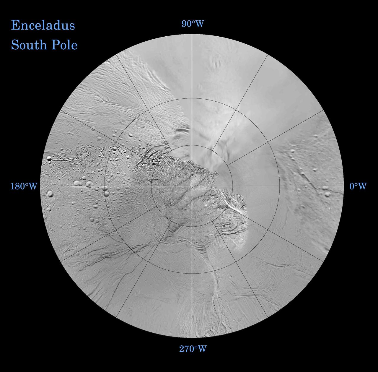 Enceladus: North and South Southern Polar Projection