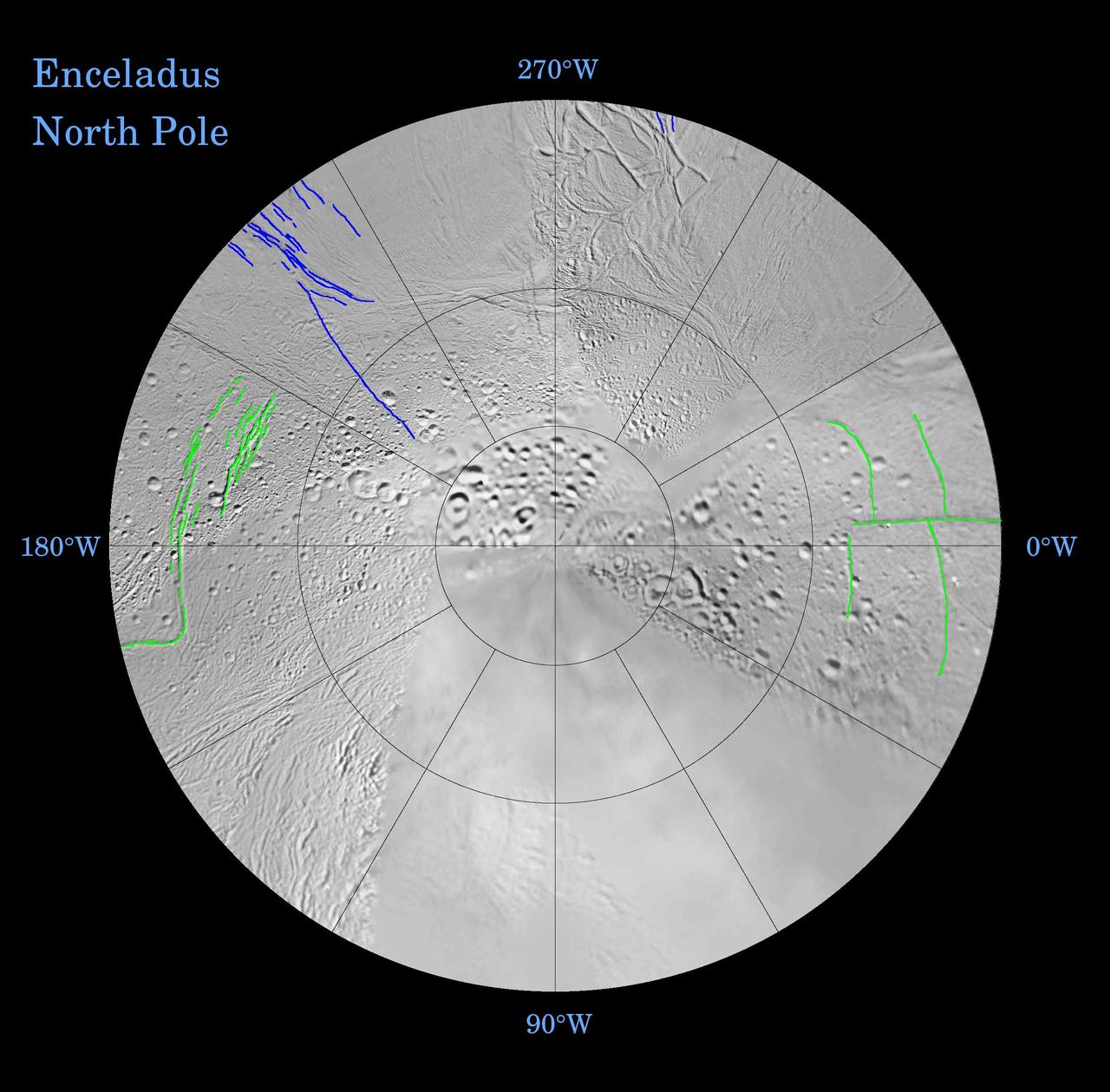 Enceladus: Global Patterns of Fracture Northern Polar Projection