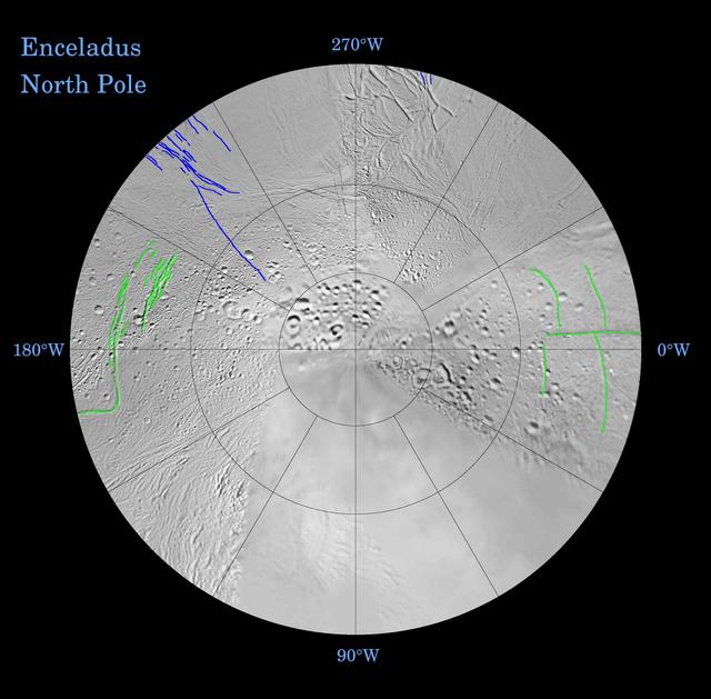 NASA image: Enceladus: Global Patterns of Fracture Northern Polar Projection