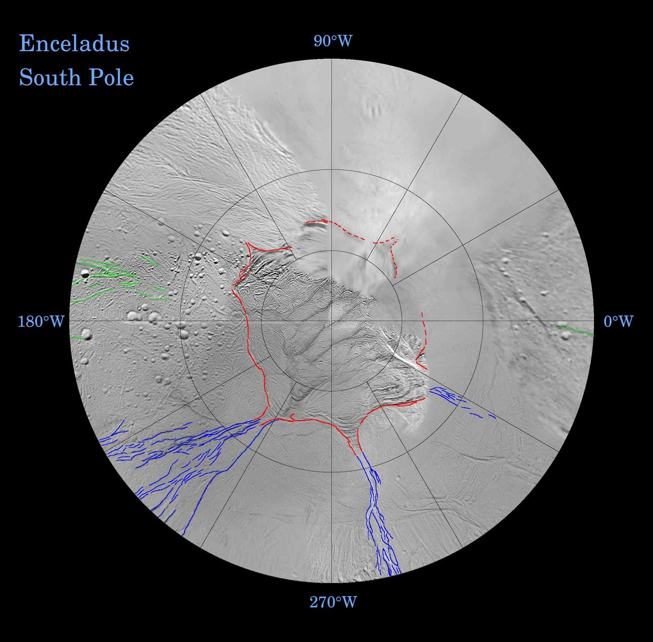 Enceladus: Global Patterns of Fracture Southern Polar Projection