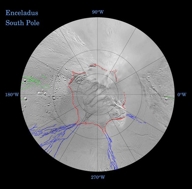 NASA image: Enceladus: Global Patterns of Fracture Southern Polar Projection
