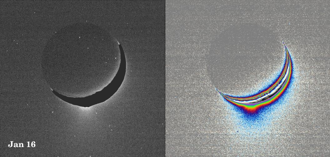 A fine spray of small, icy particles emanating from the warm, geologically unique province surrounding the south pole of Saturn’s moon Enceladus was observed in a Cassini narrow-angle camera image of the crescent moon taken on Jan. 16, 2005.  Taken from a high-phase angle of 148 degrees -- a viewing geometry in which small particles become much easier to see -- the plume of material becomes more apparent in images processed to enhance faint signals.  Imaging scientists have measured the light scattered by the plume's particles to determine their abundance and fall-off with height. Though the measurements of particle abundance are more certain within 100 kilometers (60 miles) of the surface, the values measured there are roughly consistent with the abundance of water ice particles measured by other Cassini instruments (reported in September, 2005) at altitudes as high as 400 kilometers (250 miles) above the surface.  Imaging scientists, as reported in the journal Science on March 10, 2006, believe that the jets are geysers erupting from pressurized subsurface reservoirs of liquid water above 273 degrees Kelvin (0 degrees Celsius).  The image at the left was taken in visible green light. A dark mask was applied to the moon's bright limb in order to make the plume feature easier to see.  The image at the right has been color-coded to make faint signals in the plume more apparent. Images of other satellites (such as Tethys and Mimas) taken in the last 10 months from similar lighting and viewing geometries, and with identical camera parameters as this one, were closely examined to demonstrate that the plume towering above Enceladus' south pole is real and not a camera artifact.  The images were acquired at a distance of about 209,400 kilometers (130,100 miles) from Enceladus. Image scale is about 1 kilometer (0.6 mile) per pixel.   http://photojournal.jpl.nasa.gov/catalog/PIA07760