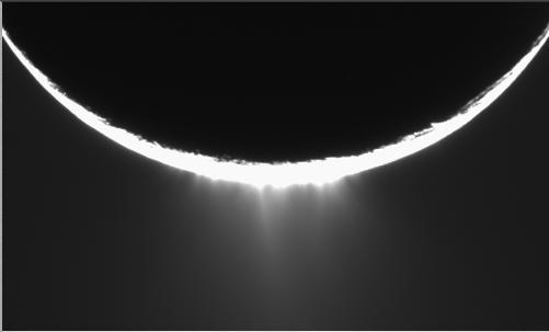 Jets of icy particles burst from Saturn’s moon Enceladus in this brief movie sequence of four images taken on Nov. 27, 2005. The sensational discovery of active eruptions on a third outer solar system body (Io and Triton are the others) is surely one of the great highlights of the Cassini mission.  Imaging scientists, as reported in the journal Science on March 10, 2006, believe that the jets are geysers erupting from pressurized subsurface reservoirs of liquid water above 273 degrees Kelvin (0 degrees Celsius).  Images taken in January 2005 appeared to show the plume emanating from the fractured south polar region of Enceladus, but the visible plume was only slightly brighter than the background noise in the image, because the lighting geometry was not suitable to reveal the true details of the feature. This potential sighting, in addition to the detection of the icy particles in the plume by other Cassini instruments, prompted imaging scientists to target Enceladus again with exposures designed to confirm the validity of the earlier plume sighting.  The new views show individual jets, or plume sources, that contribute to the plume with much greater visibility than the earlier images. The full plume towers over the 505-kilometer-wide (314-mile) moon and is at least as tall as the moon's diameter.  The four 10-second exposures were taken over the course of about 36 minutes at approximately 12 minute intervals.  Enceladus rotates about 7.5 degrees in longitude over the course of the frames, and most of the observed changes in the appearances of the jets is likely attributable to changes in the viewing geometry. However, some of the changes may be due to actual variation in the flow from the jets on a time scale of tens of minutes.  Additionally, the shift of the sources seen here should provide information about their location in front of and behind the visible limb (edge) of Enceladus.  These images were obtained using the Cassini spacecraft narrow-angle camera at distances between 144,350 and 149,520 kilometers (89,695 and 92,907 miles) from Enceladus and at a phase angle of about 161 degrees. Image scale is about 900 meters (2,950 feet) per pixel on Enceladus.  A movie is available at http://photojournal.jpl.nasa.gov/catalog/PIA07762