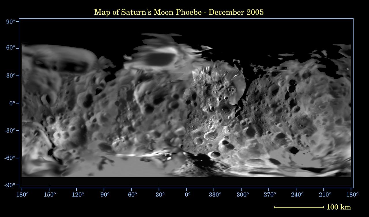 This global digital map of Saturn moon Phoebe was created using data taken during NASA Cassini spacecraft close flyby of the small moon in June 2004. The map is an equidistant projection and has a scale of 233  meters 764 feet per pixel
