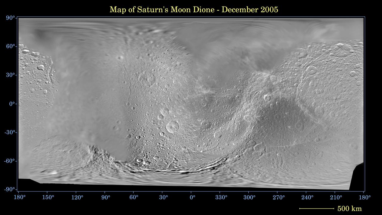 This global digital map of Saturn moon Dione was created using data  taken during Cassini and Voyager spacecraft flybys. The map is an  equidistant projection and has a scale of 977 meters 3,205 feet per  pixel