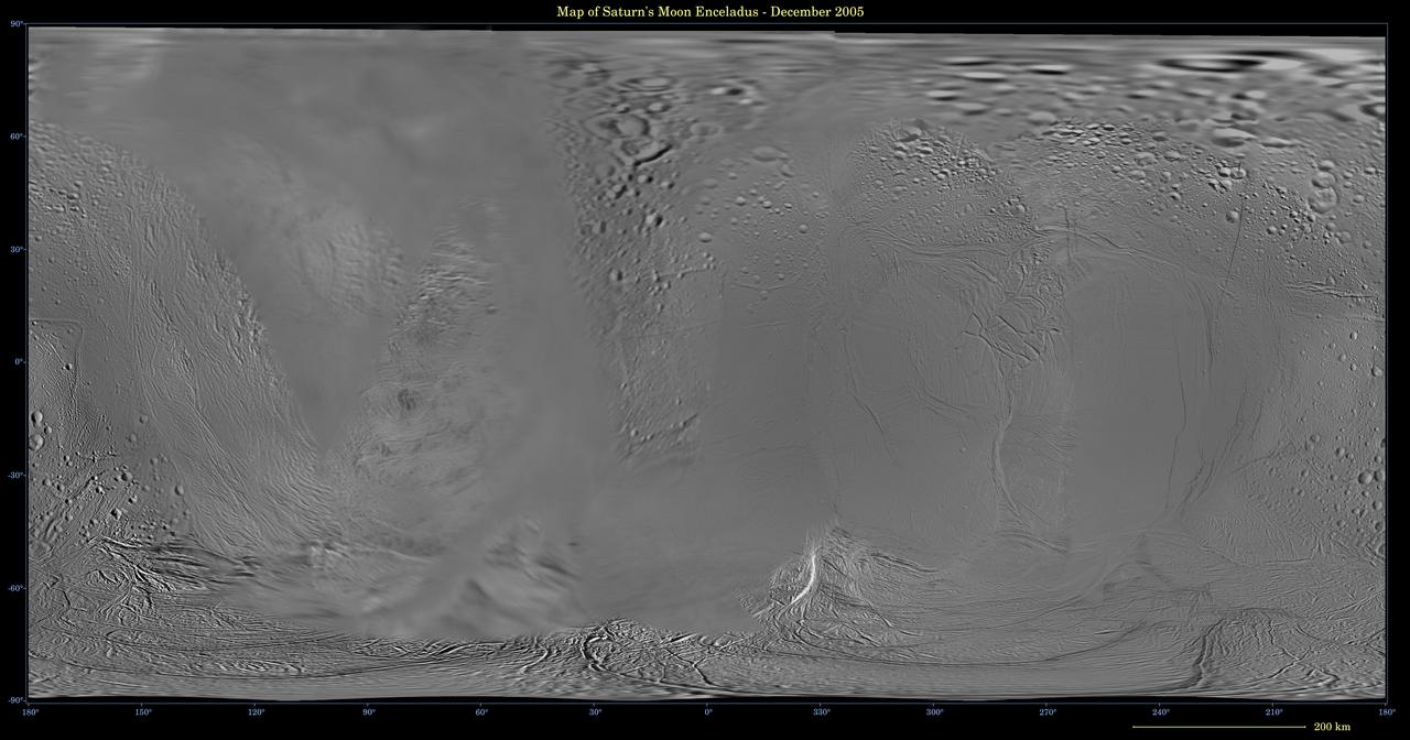 This global digital map of Saturn moon Enceladus was created using data  taken during Cassini and Voyager spacecraft flybys. The map is an  equidistant projection and has a scale of 110 meters 361 feet per pixel