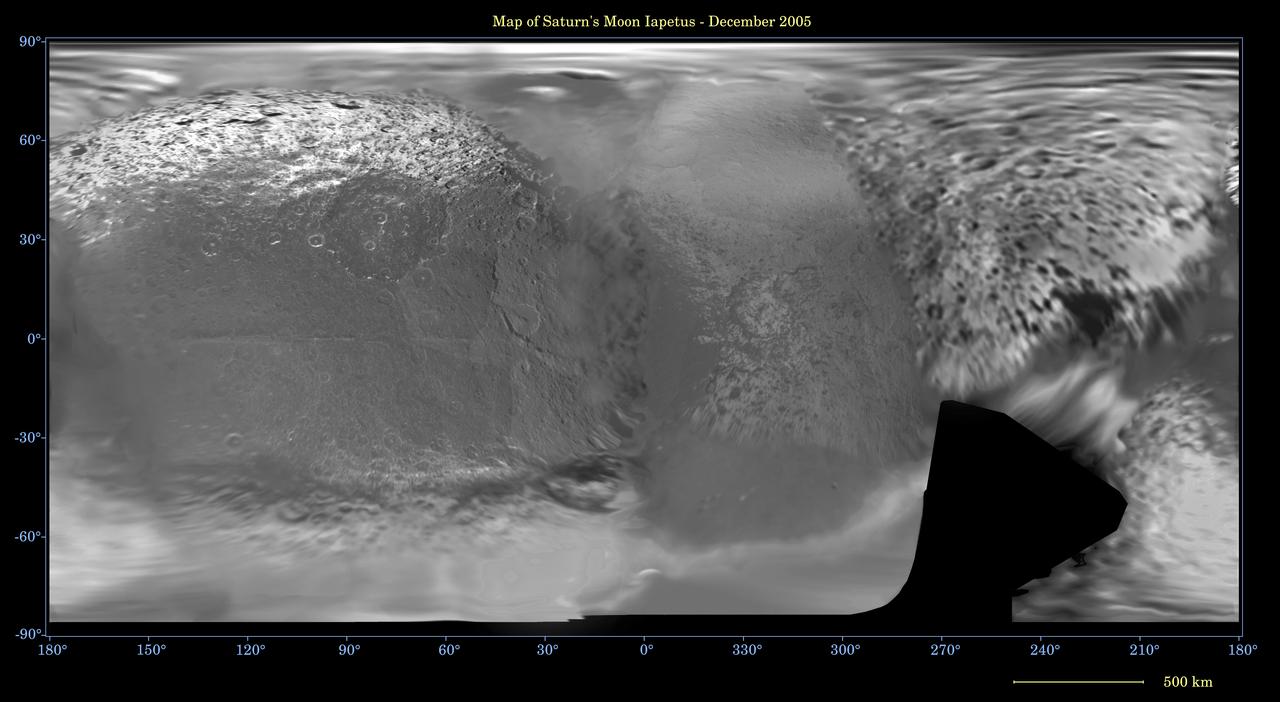This global digital map of Saturn moon Iapetus was created using data  taken during Cassini and Voyager spacecraft flybys. The map is an  equidistant projection and has a scale of 641 meters 2,103 feet per  pixel