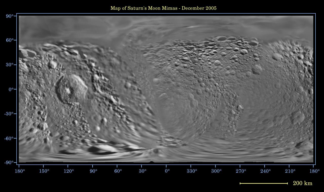 This global digital map of Saturn moon Mimas was created using data  taken during Cassini and Voyager spacecraft flybys. The map is an  equidistant projection and has a scale of 434 meters 1,424 feet per  pixel