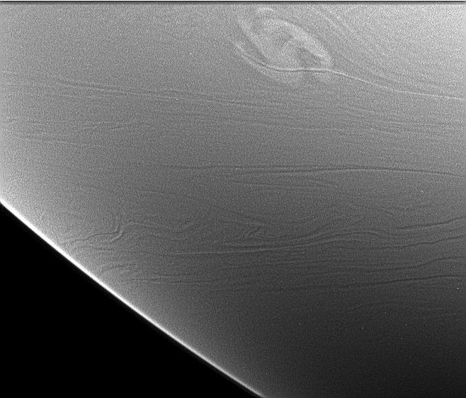 This image from shows a rare and powerful storm on the night side of Saturn Limb View