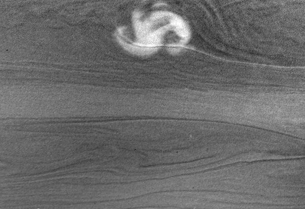 This image shows a rare and powerful storm on the night side of Saturn Reprojected View