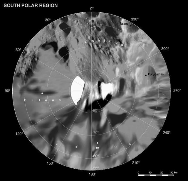 NASA image: Phoebe: Cartographic Projections South Polar Map