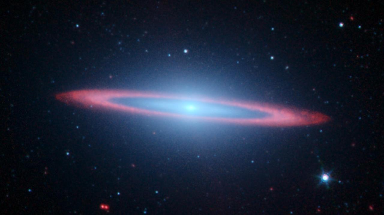 NASA's Spitzer Space Telescope set its infrared eyes on one of the most famous objects in the sky, Messier 104, also called the Sombrero galaxy. In this striking infrared picture, Spitzer sees an exciting new view of a galaxy that in visible light has been likened to a "sombrero," but here looks more like a "bulls-eye."  Recent observations using Spitzer's infrared array camera uncovered the bright, smooth ring of dust circling the galaxy, seen in red. In visible light, because this galaxy is seen nearly edge-on, only the near rim of dust can be clearly seen in silhouette. Spitzer's full view shows the disk is warped, which is often the result of a gravitational encounter with another galaxy, and clumpy areas spotted in the far edges of the ring indicate young star-forming regions.  Spitzer's infrared view of the starlight from this galaxy, seen in blue, can pierce through obscuring murky dust that dominates in visible light. As a result, the full extent of the bulge of stars and an otherwise hidden disk of stars within the dust ring are easily seen.  The Sombrero galaxy is located some 28 million light years away. Viewed from Earth, it is just six degrees south of its equatorial plane. Spitzer detected infrared emission not only from the ring, but from the center of the galaxy too, where there is a huge black hole, believed to be a billion times more massive than our Sun.  This picture is composed of four images taken at 3.6 (blue), 4.5 (green), 5.8 (orange), and 8.0 (red) microns. The contribution from starlight (measured at 3.6 microns) has been subtracted from the 5.8 and 8-micron images to enhance the visibility of the dust features.  http://photojournal.jpl.nasa.gov/catalog/PIA07899