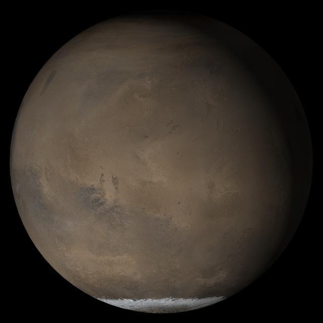 This picture is a composite of Mars Global Surveyor (MGS) Mars Orbiter Camera (MOC) daily global images acquired at Ls 211° during a previous Mars year. This month, Mars looks similar, as Ls 211° occurred in mid-May 2005. The picture shows the Elysium/Mare Cimmerium face of Mars. Over the course of the month, additional faces of Mars as it appears at this time of year are being posted for MOC Picture of the Day. Ls, solar longitude, is a measure of the time of year on Mars. Mars travels 360° around the Sun in 1 Mars year. The year begins at Ls 0°, the start of northern spring and southern autumn. http://photojournal.jpl.nasa.gov/catalog/PIA07988
