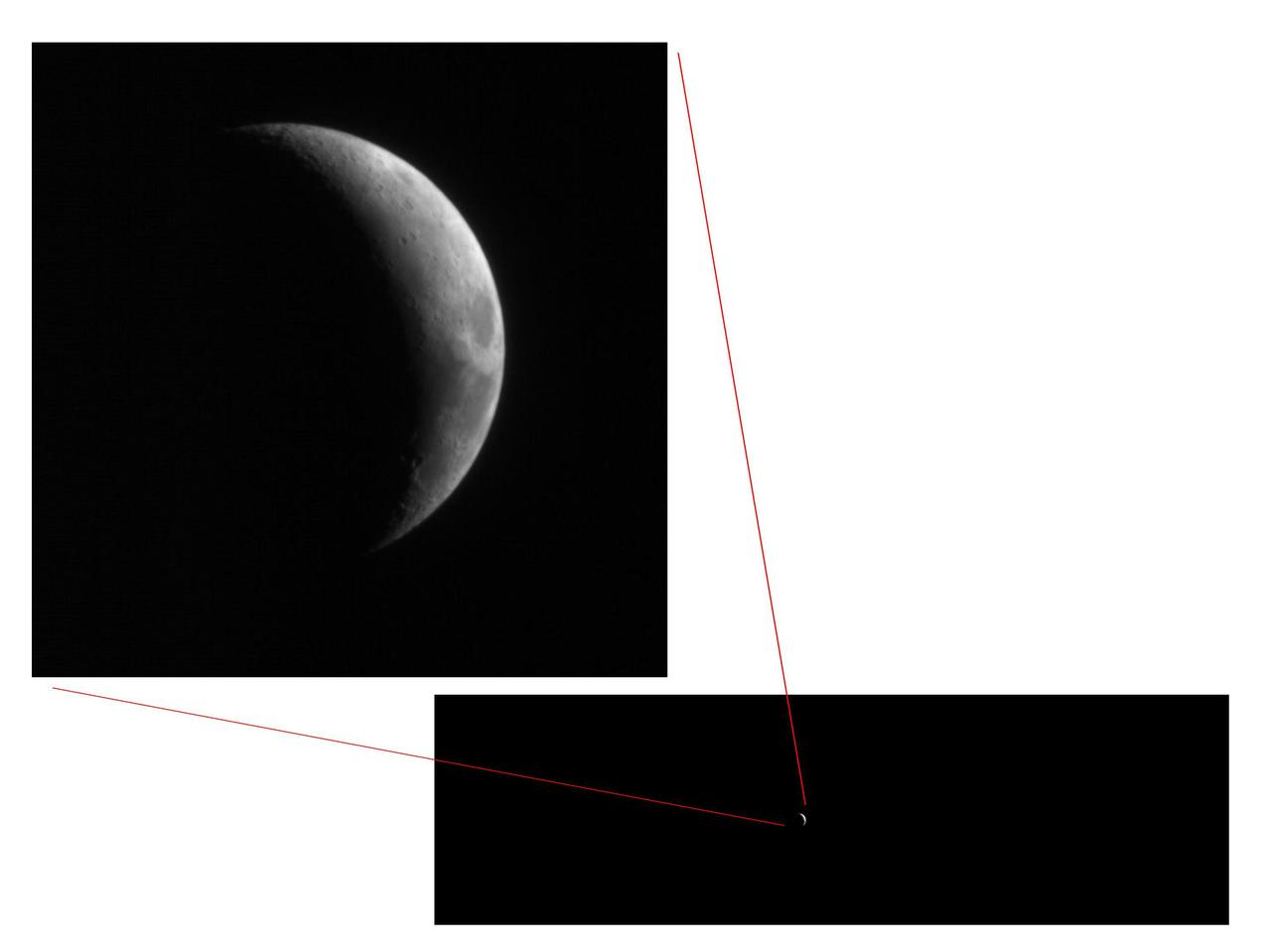 This pair of views shows how little of the full image frame was taken up by the Moon in test images taken Sept. 8, 2005, by the High Resolution Imaging Science Experiment HiRISE camera on NASA Mars Reconnaissance Orbiter.
