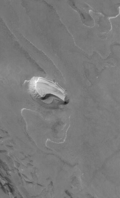 This Mars Global Surveyor MGS Mars Orbiter Camera MOC image shows a layered, light-toned mesa among other layered materials exposed in a mound that covers much of the floor of Spallanzani Crater