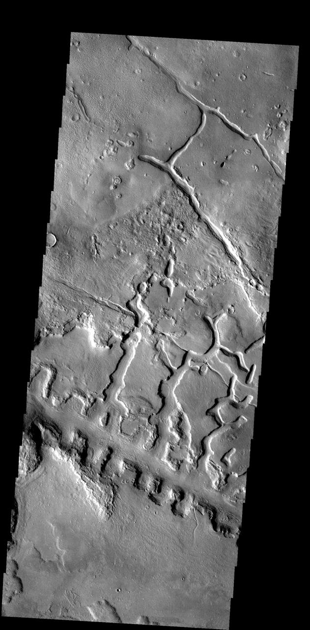 The line of box canyons in the middle of this image are part of a large region of collapse features called Galaxias Fossae