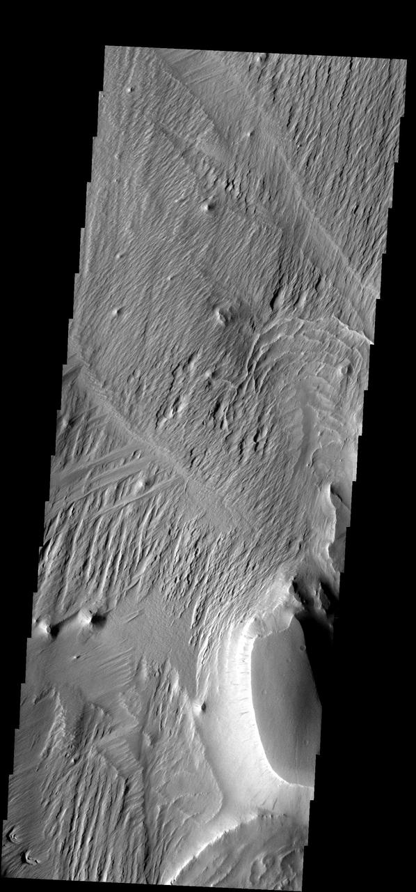 The Medusae Fossae Formation, shown in this image from NASA Mars Odyssey spacecraft, is a large region of material that is easily eroded by the wind. The work of the wind has produced a variety of surface textures.