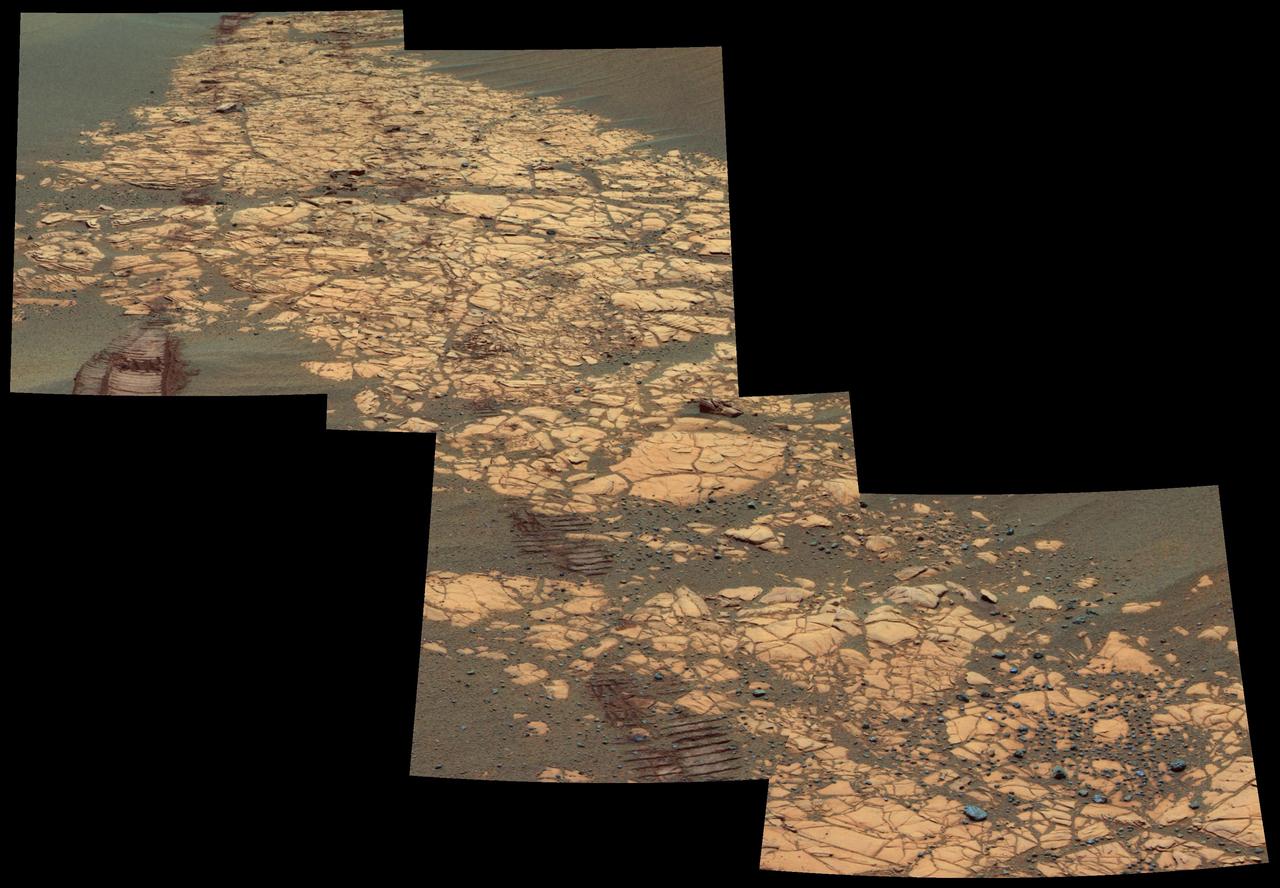 This view shows a portion of the outcrop named Bosque, including rover wheel tracks, fractured and finely-layered outcrop rocks and smaller, dark cobbles littered across the surface