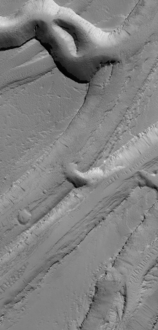 This Mars Global Surveyor MGS Mars Orbiter Camera MOC image shows a complex pattern of intersecting and overlapping troughs in the Olympica Fossae region of northern Tharsis