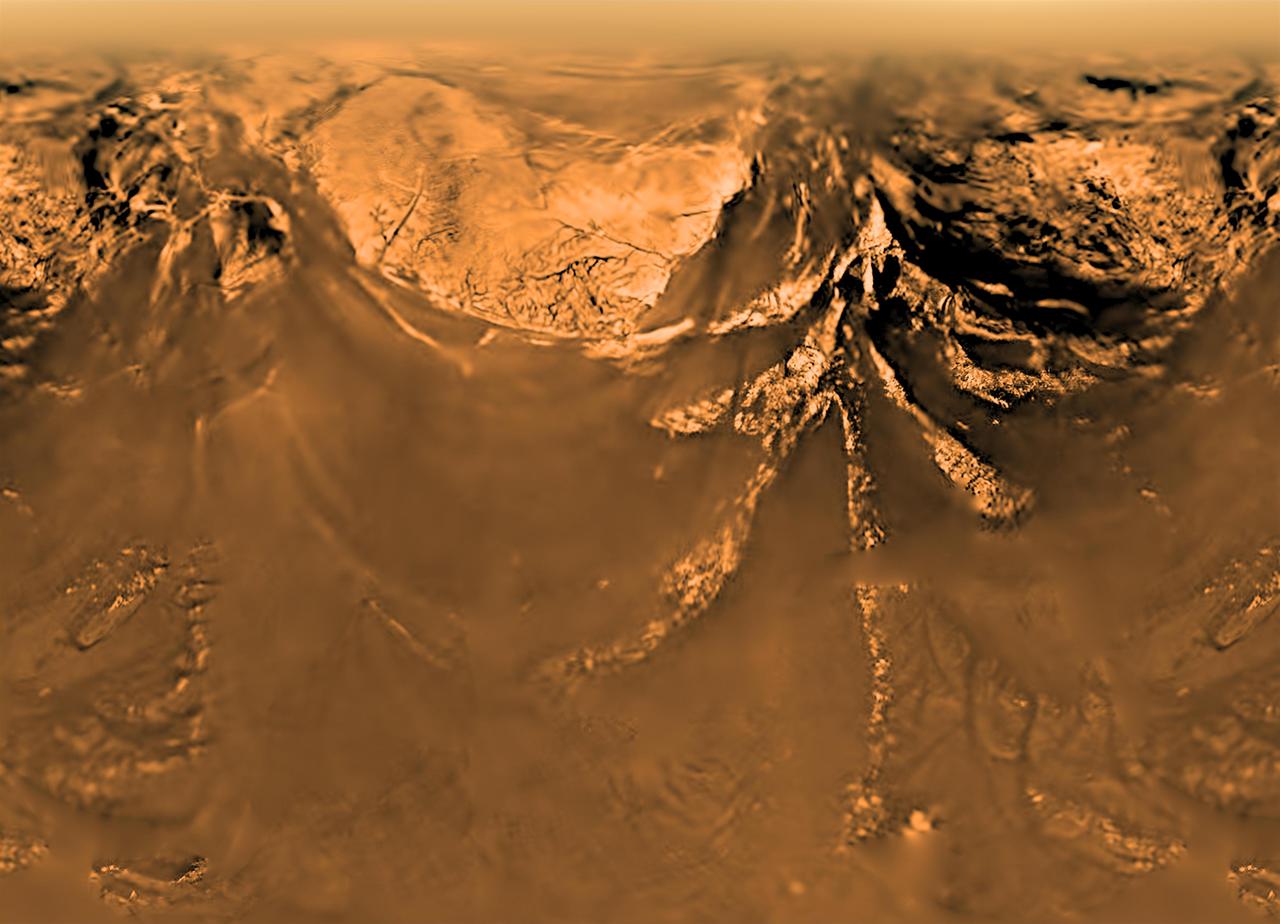 This poster shows a flattened (Mercator) projection of the Huygens probe's view from 10 kilometers altitude (6 miles). The images that make up this view were taken on Jan. 14, 2005, with the descent imager/spectral radiometer onboard the European Space Agency's Huygens probe. The Huygens probe was delivered to Saturn's moon Titan by the Cassini spacecraft, which is managed by NASA's Jet Propulsion Laboratory, Pasadena, Calif. NASA supplied two instruments on the probe, the descent imager/spectral radiometer and the gas chromatograph mass spectrometer. http://photojournal.jpl.nasa.gov/catalog/PIA08113