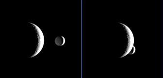 Enceladus briefly passes behind the crescent of Rhea in these images, which are part of a "mutual event" sequence taken by Cassini. These sequences help scientists refine our understanding of the orbits of Saturn's moons.  The images were taken one minute apart as smaller Enceladus (505 kilometers, or 314 miles across) darted behind Rhea (1,528 kilometers, or 949 miles across) as seen from the Cassini spacecraft's point of view.  The images were taken in visible light with the Cassini spacecraft narrow-angle camera on April 14, 2006, at a distance of approximately 3.4 million kilometers (2.1 million miles) from Rhea and 4.1 million kilometers (2.5 million miles) from Enceladus. The image scale is 20 kilometers (13 miles) per pixel on Rhea and 24 kilometers (15 miles) per pixel on Enceladus. http://photojournal.jpl.nasa.gov/catalog/PIA08180