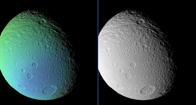 An extreme false-color view of Tethys reveals a surface detail not visible in a monochrome view taken at the same time