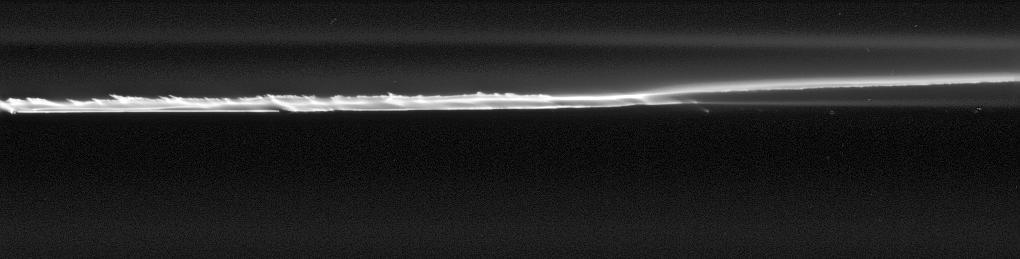 This close-up view of the core of Saturn narrow outlying F ring provides an unprecedented look at the fine scale structure of this highly perturbed ring