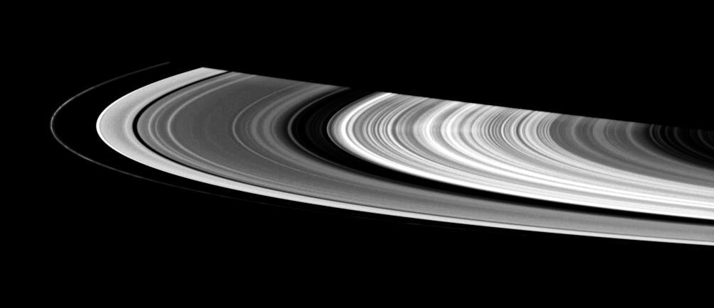 This contrast-enhanced view shows a faint spoke in Saturn B ring. These ghostly radial structures were imaged by the Voyager spacecraft in the 1980s