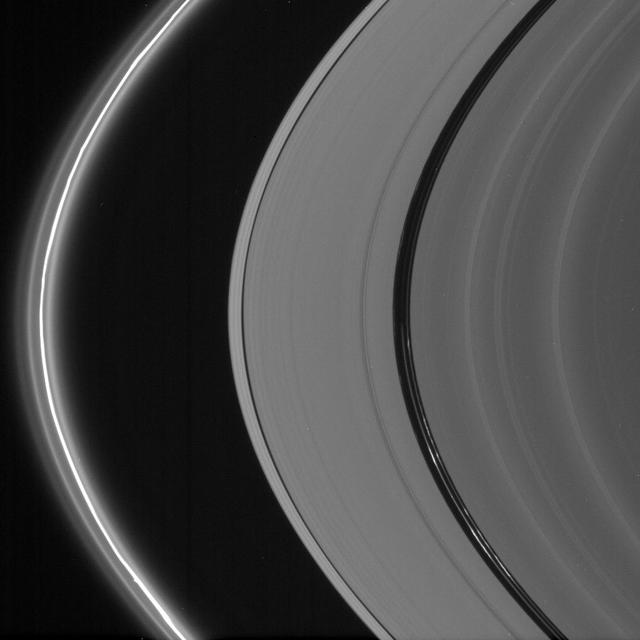 Saturn bright ringlets seen here are populated with microscopic icy particles and are among the brightest features in the rings at high phase angles