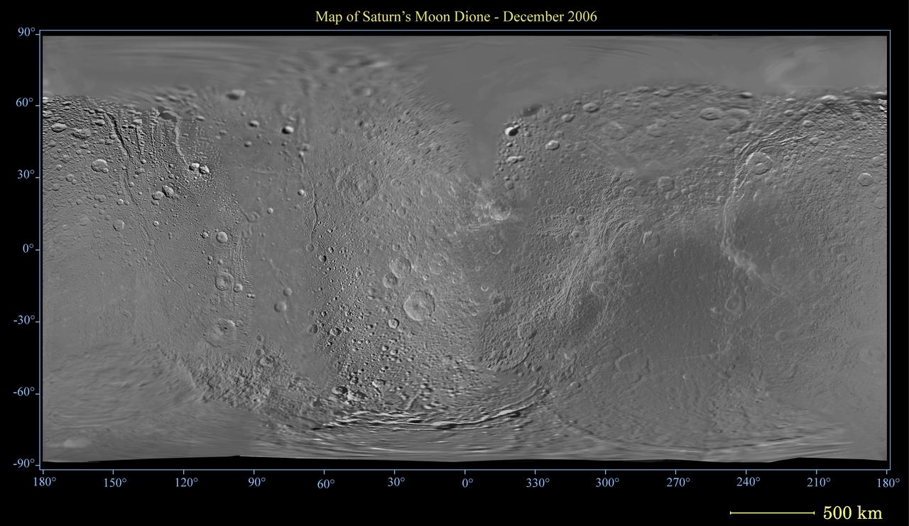 This global digital map of Saturn moon Dione was created using data taken by the Cassini spacecraft, with gaps in coverage filled in by NASA Voyager spacecraft data