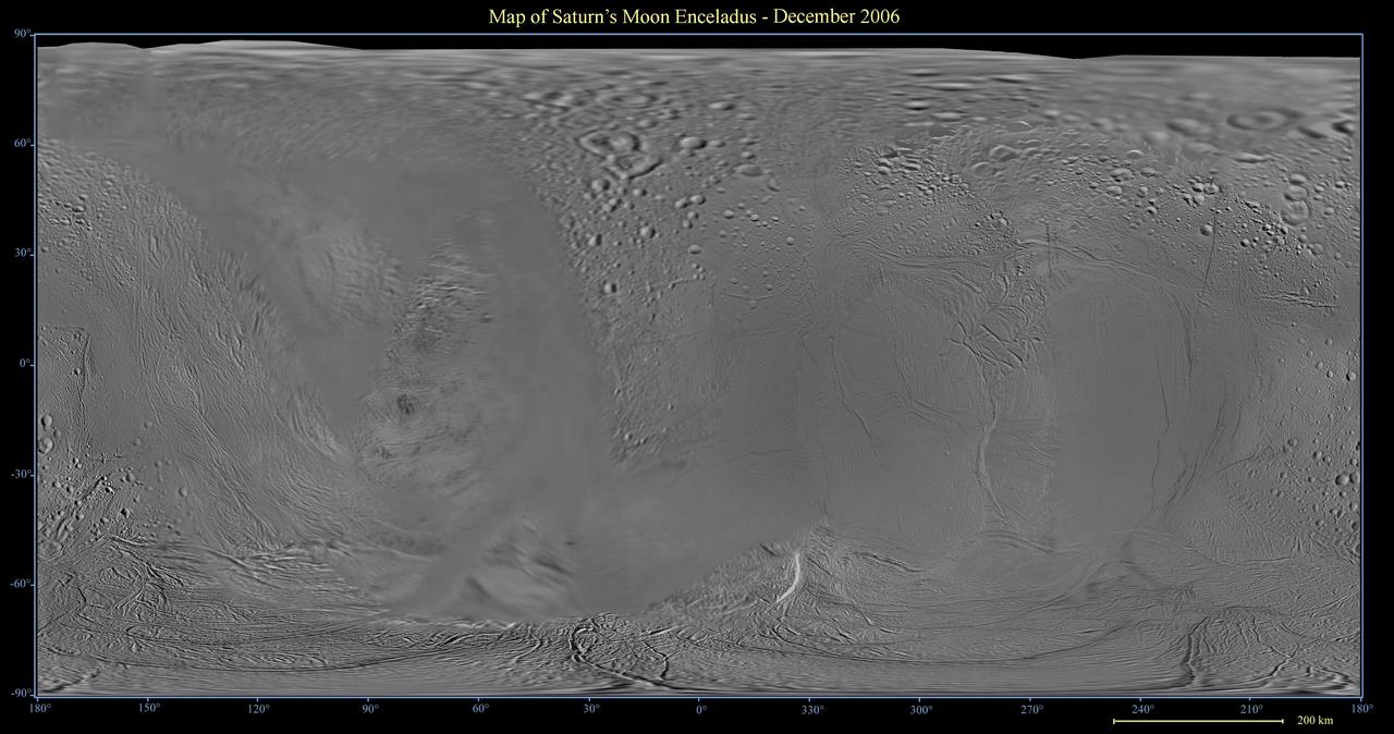 This global digital map of Saturn moon Enceladus was created using data taken by the Cassini spacecraft, with gaps in coverage filled in by NASA Voyager spacecraft data