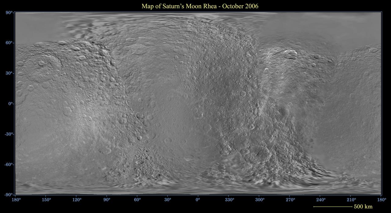This global digital map of Saturn moon Rhea was created using data taken during NASA Cassini and Voyager spacecraft flybys