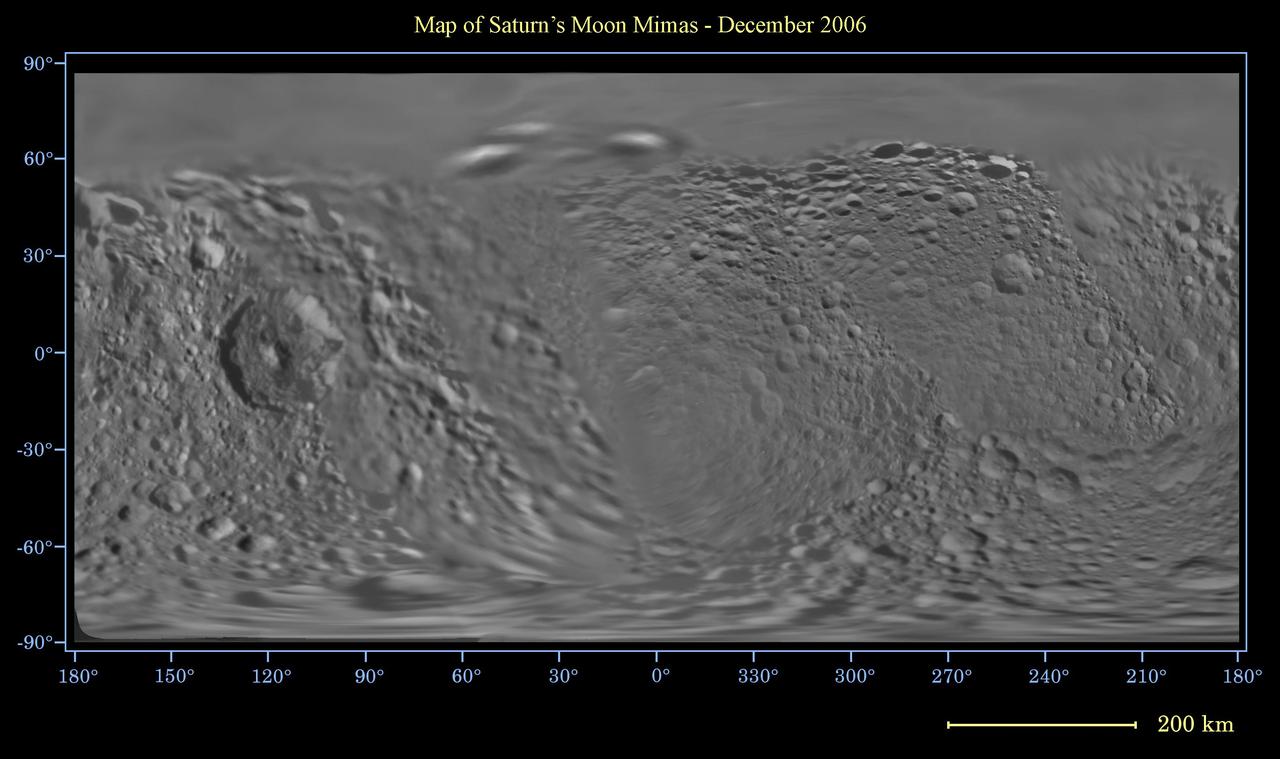 This global digital map of Saturn moon Mimas was created using data taken by the Cassini spacecraft, with gaps in coverage filled in by NASA Voyager spacecraft data