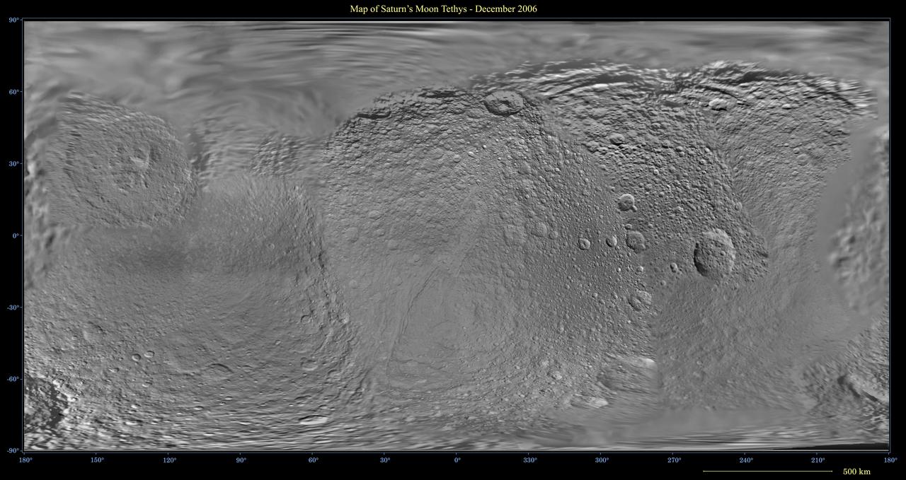 This global digital map of Saturn moon Tethys was created using data taken by the Cassini spacecraft, with gaps in coverage filled in by NASA Voyager spacecraft data