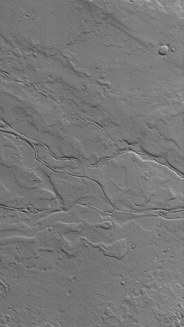This MOC image shows ancient, dust-covered lava flows and remains of leveed lava channels located on a plain northwest of Jovis Tholus. Jovis is a relatively small volcano in the Tharsis region of Mars