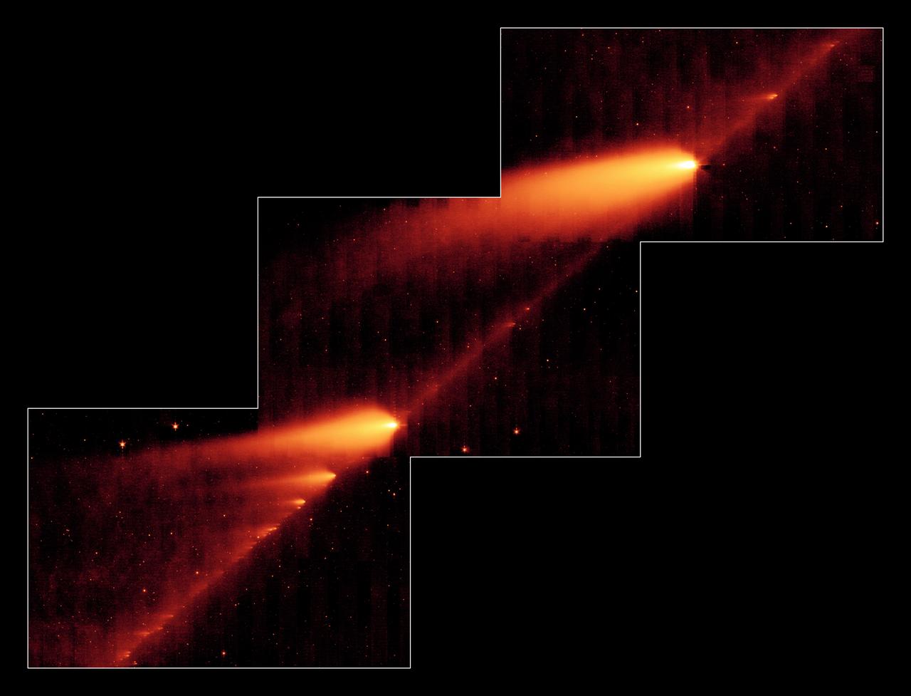 This infrared image from NASA Spitzer Space Telescope shows the broken Comet 73P/Schwassman-Wachmann 3 skimming along a trail of debris left during its multiple trips around the sun. 